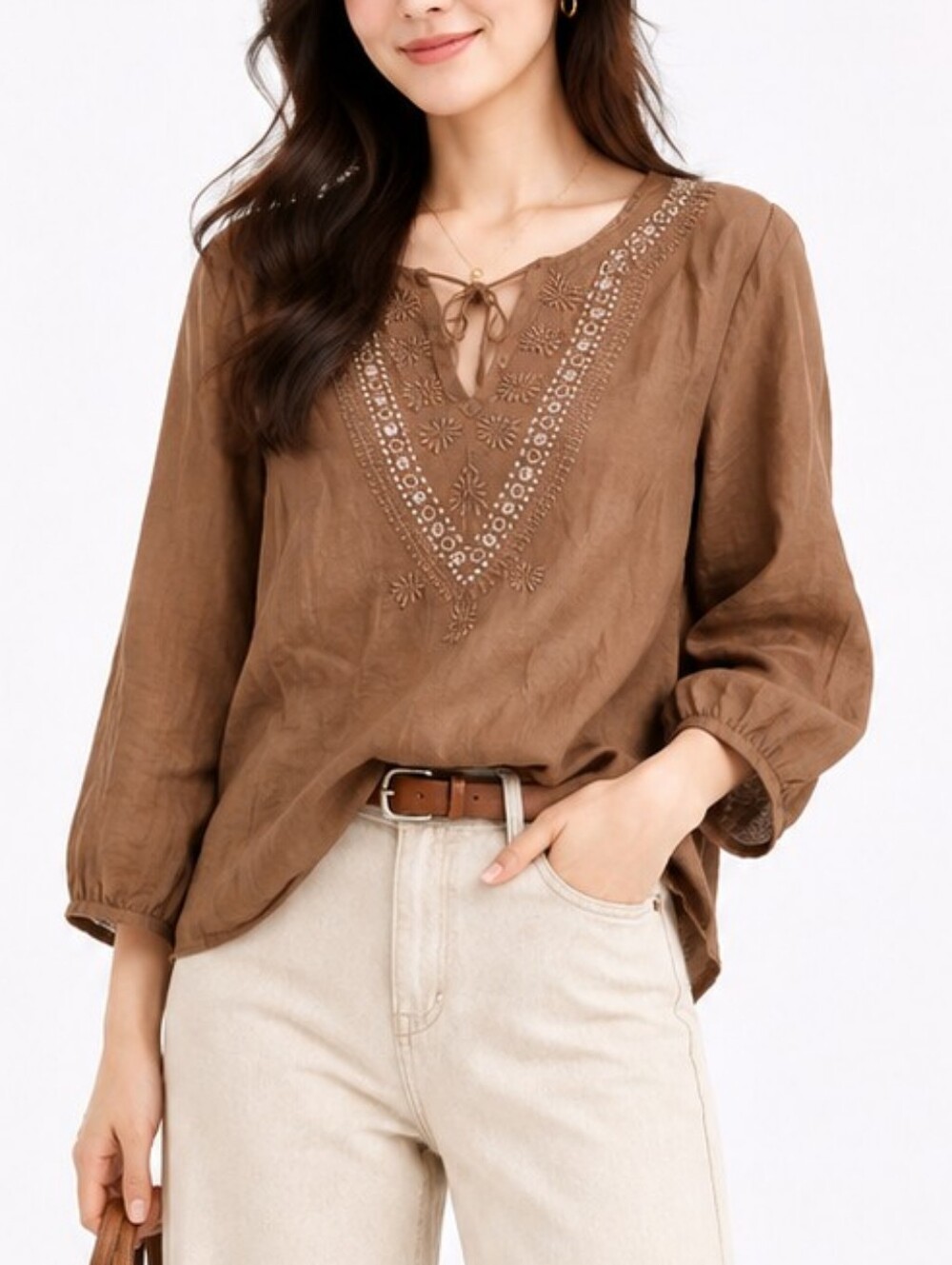 Express Brown Embroidered Silk Cotton Blend Boho Tunic Blouse Medium